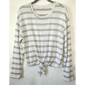 Caution To The Wind Tie Front LS Crew Tee Shirt Sz S Stripes White Gray Knit